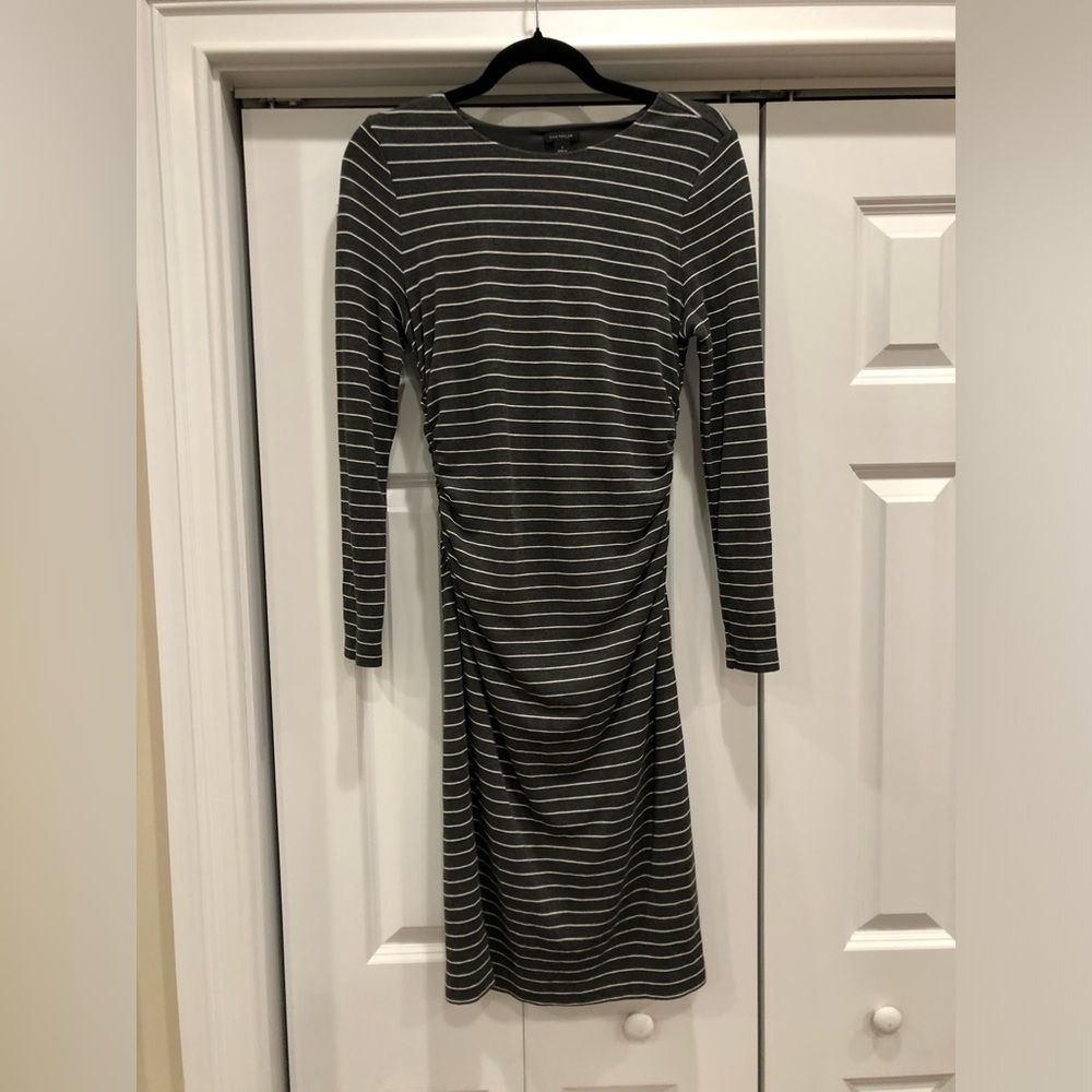 Ann Taylor Charcoal and White Striped Long Sleeve Dress